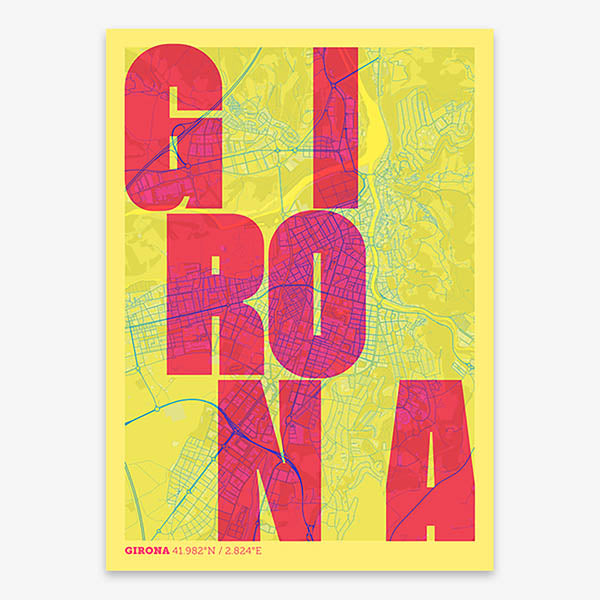 Decorative print of Girona with letters of its name placed randomly, designed in yellow and fuchsia