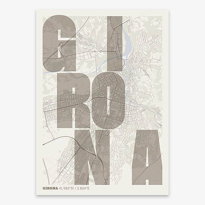 Decorative print of Girona with letters of its name placed randomly, designed in light brown and an off-white background
