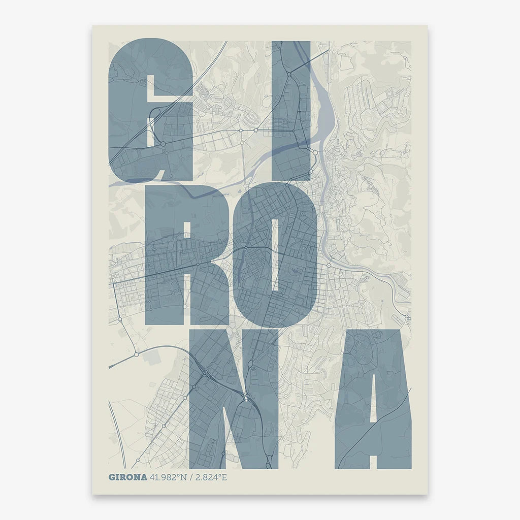 Decorative print of Girona with letters of its name placed randomly, designed in bluish gray and an off-white background