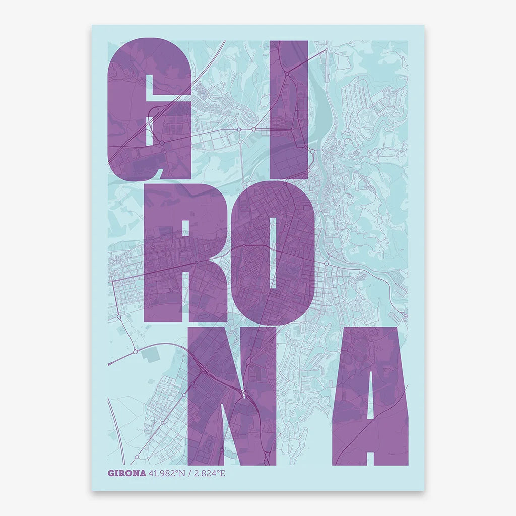 Decorative print of Girona with letters of its name placed randomly, designed in purple and light blue