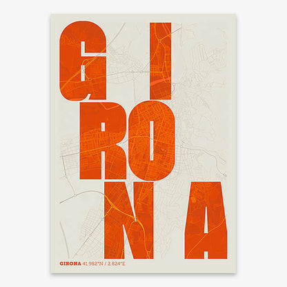 Decorative print of Girona with letters of its name placed randomly, designed in orange and an off-white background