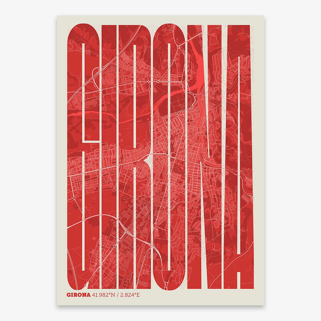 Decorative map of Girona and letters of its name in a giclée print designed in red and an off-white background