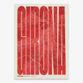 Decorative map of Girona and letters of its name in a giclée print designed in red and an off-white background