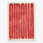 Decorative map of Girona and letters of its name in a giclée print designed in red and an off-white background