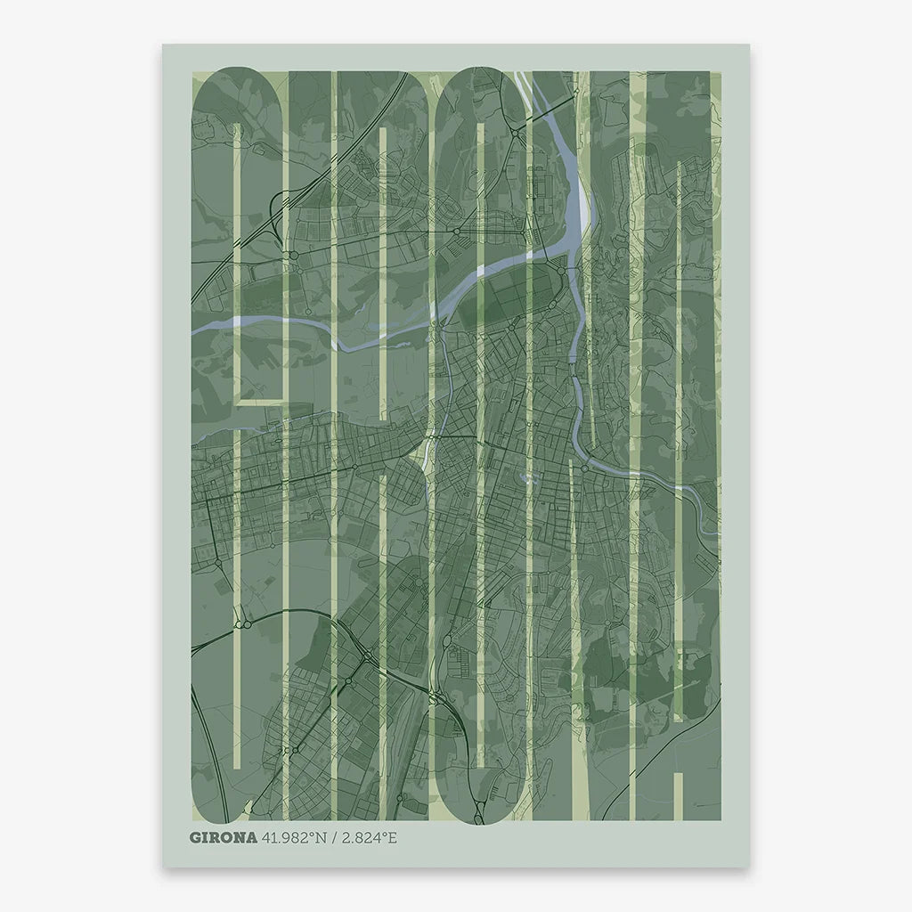 Decorative map of Girona and letters of its name in a giclée print designed in two green tones