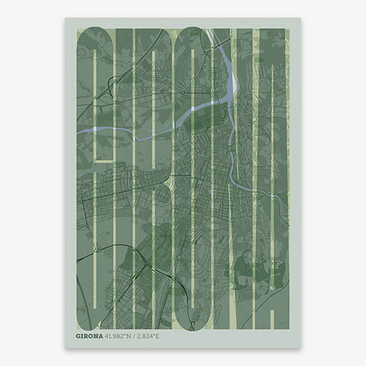 Decorative map of Girona and letters of its name in a giclée print designed in two green tones