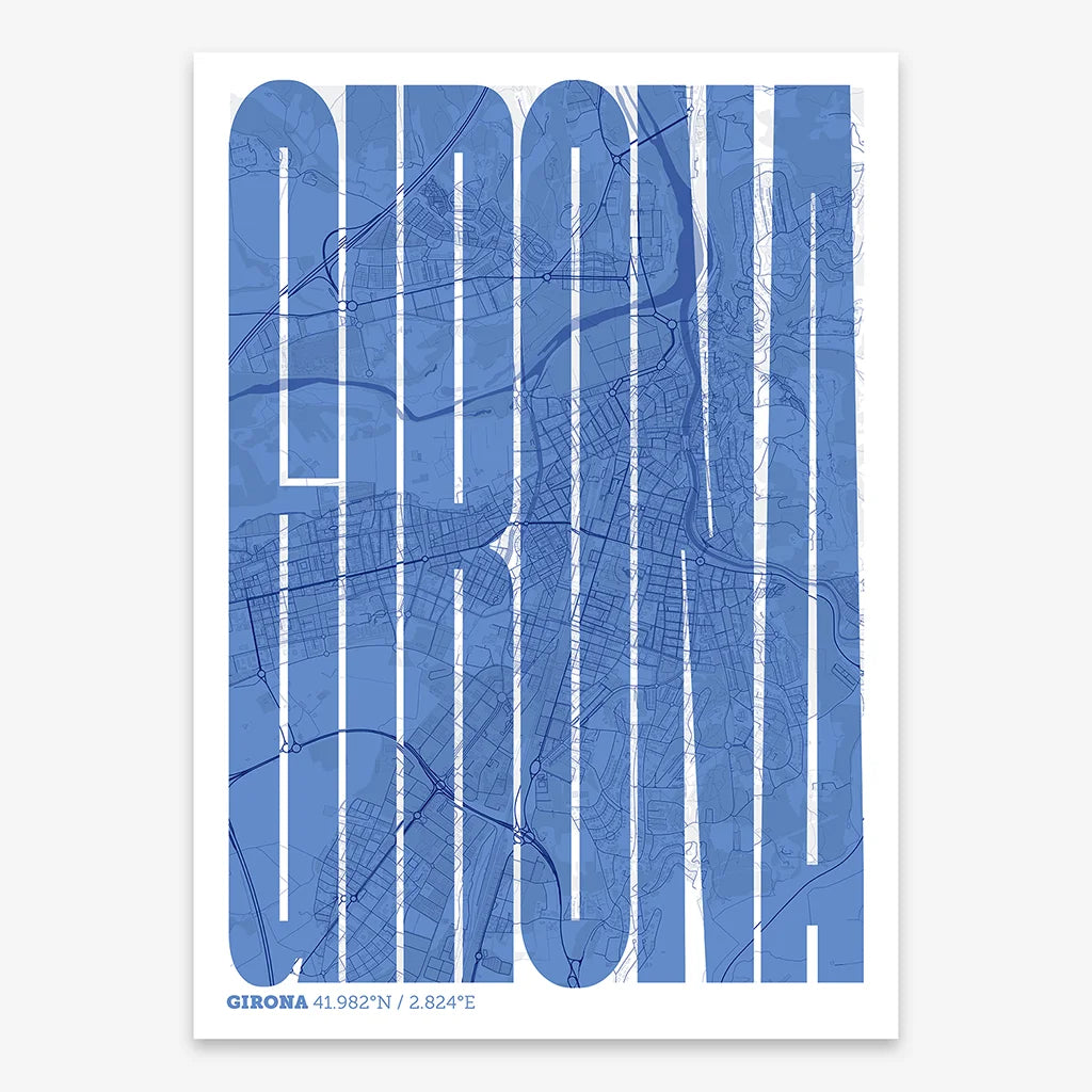 Decorative map of Girona and letters of its name in a giclée print designed in navy blue and white