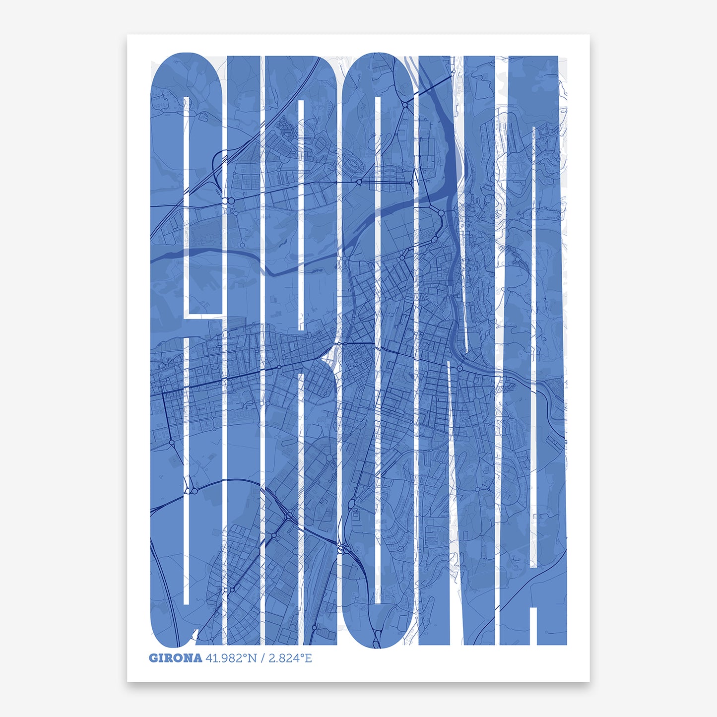 The map of Girona and letters of its name in a giclée print designed in navy blue and white