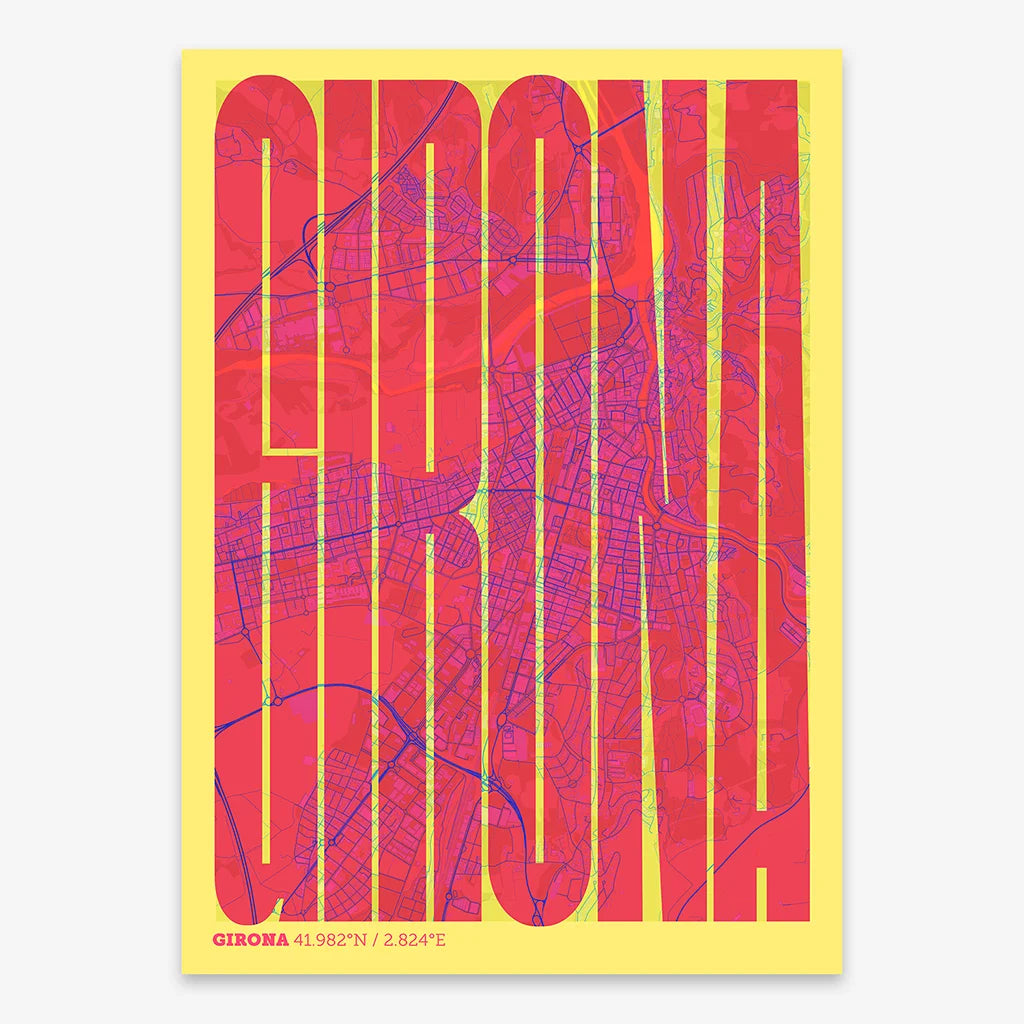 Decorative map of Girona and letters of its name in a giclée print designed in yellow and fuchsia