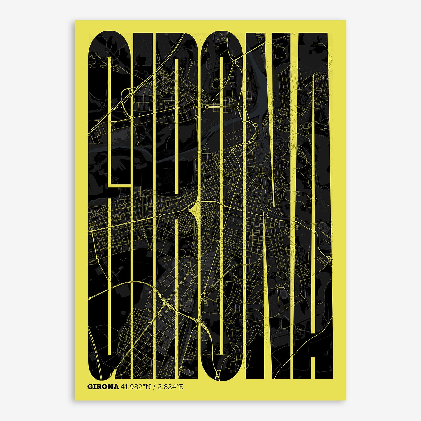 The map of Girona and letters of its name in a giclée print designed in black and yellow