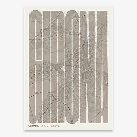 Decorative map of Girona and letters of its name in a giclée print designed in light brown and an off-white background