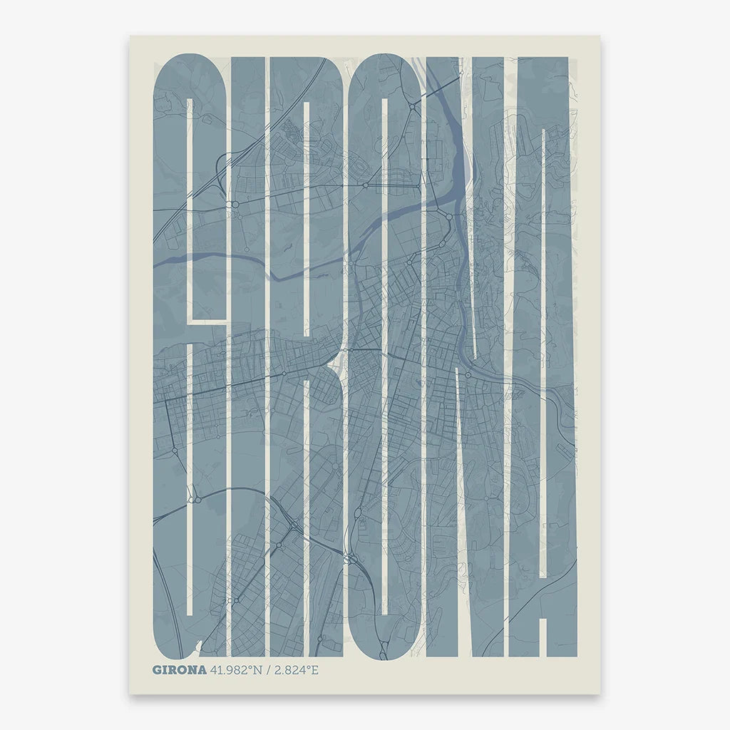 Decorative map of Girona and letters of its name in a giclée print designed in bluish gray and an off-white background