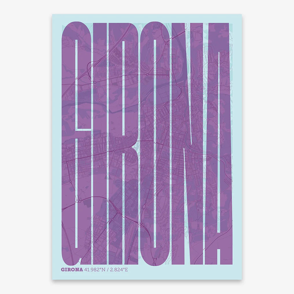 Decorative map of Girona and letters of its name in a giclée print designed in purple and light blue