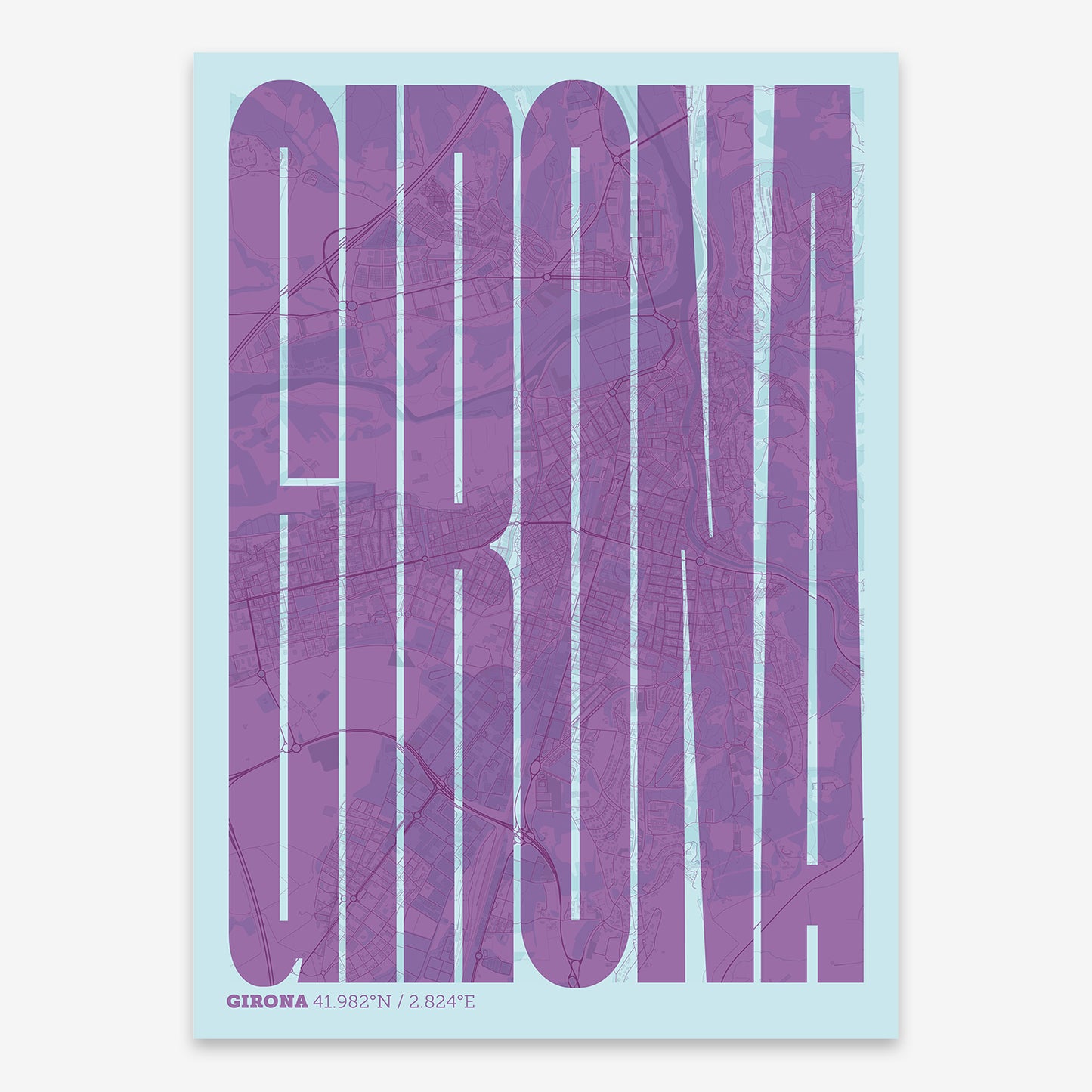 The map of Girona and letters of its name in a giclée print designed in purple and light blue