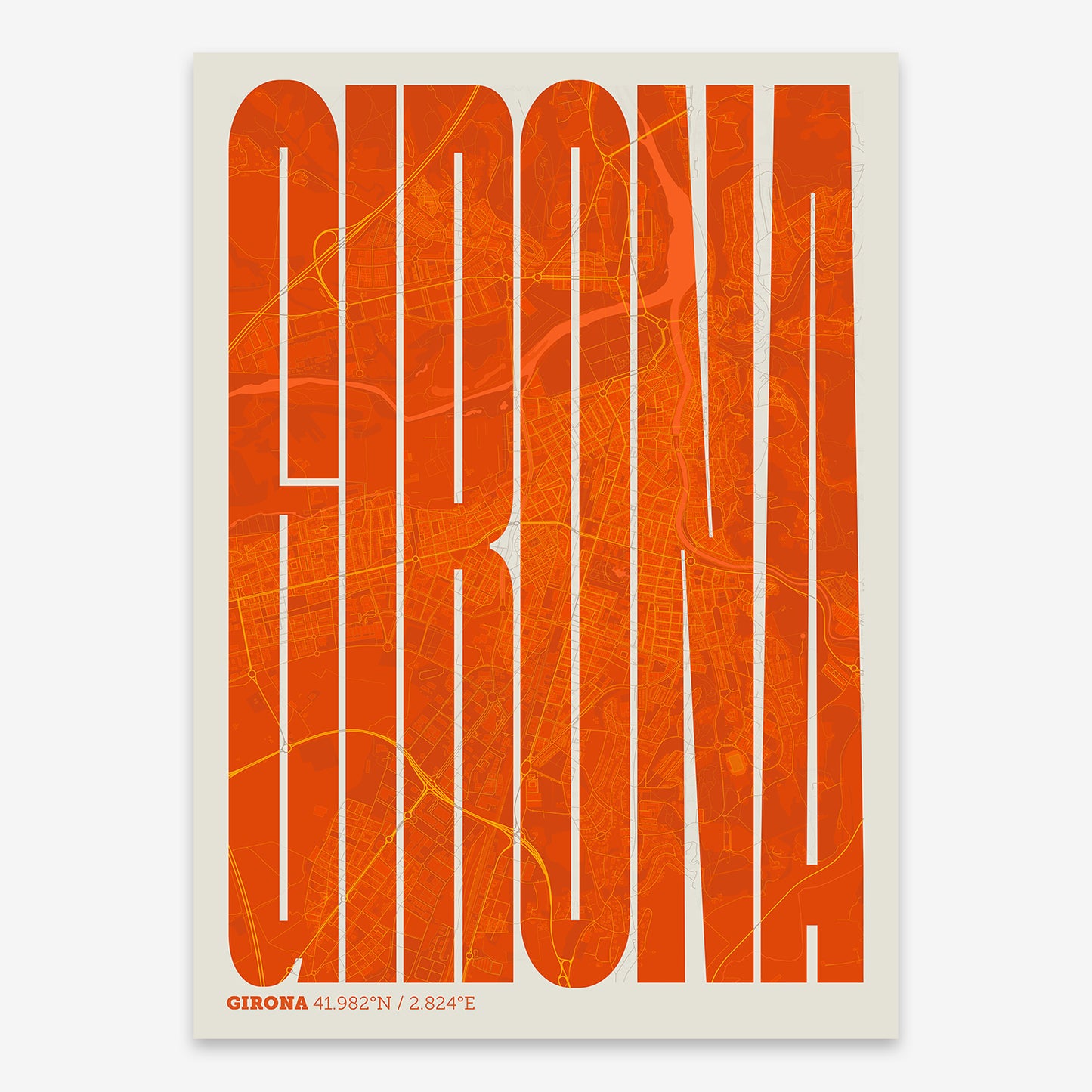 The map of Girona and letters of its name in a giclée print designed in orange and an off-white background