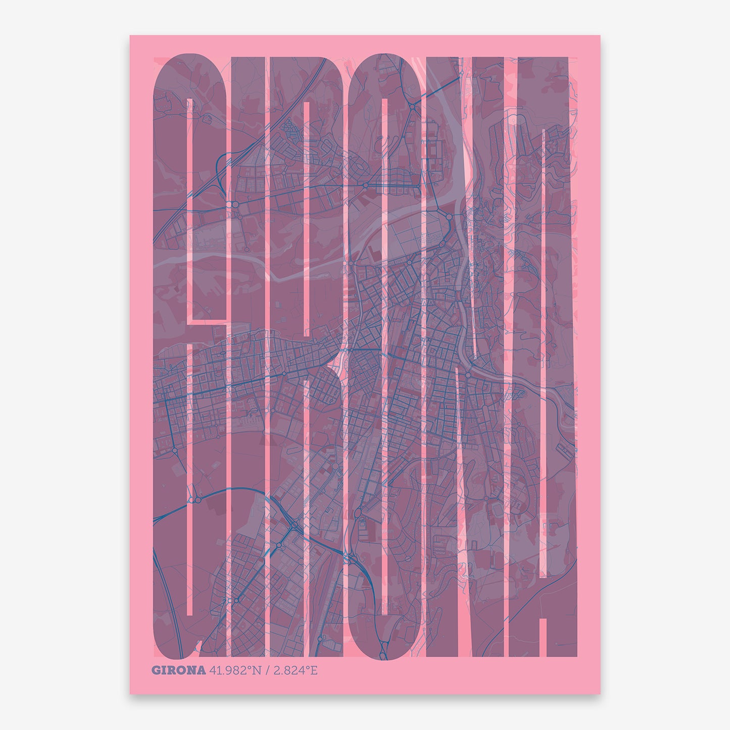 The map of Girona and letters of its name in a giclée print designed in violet y pink background