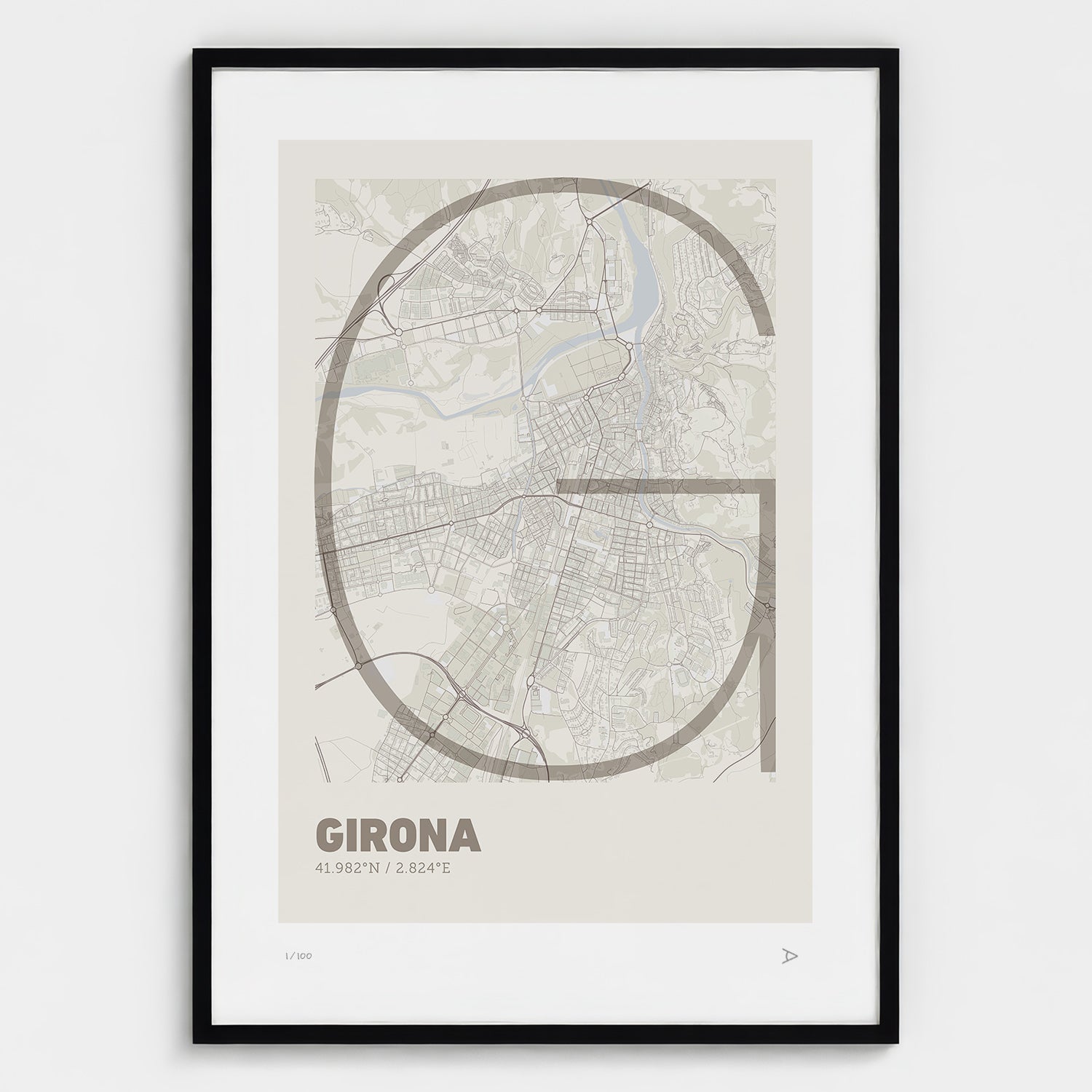 Lámina tipográfica de Girona – diseño Ultrafina, marco negro