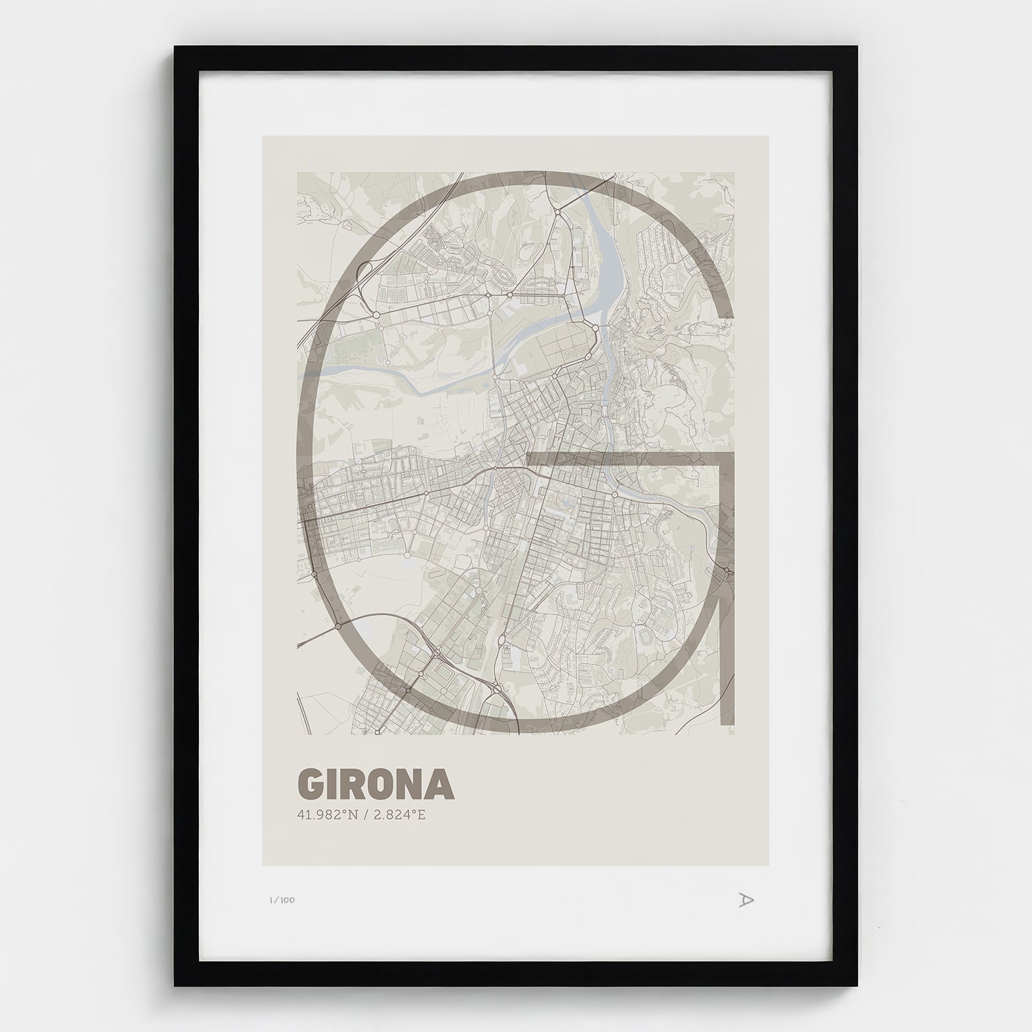 Lámina tipográfica de Girona – diseño Ultrafina, marco negro