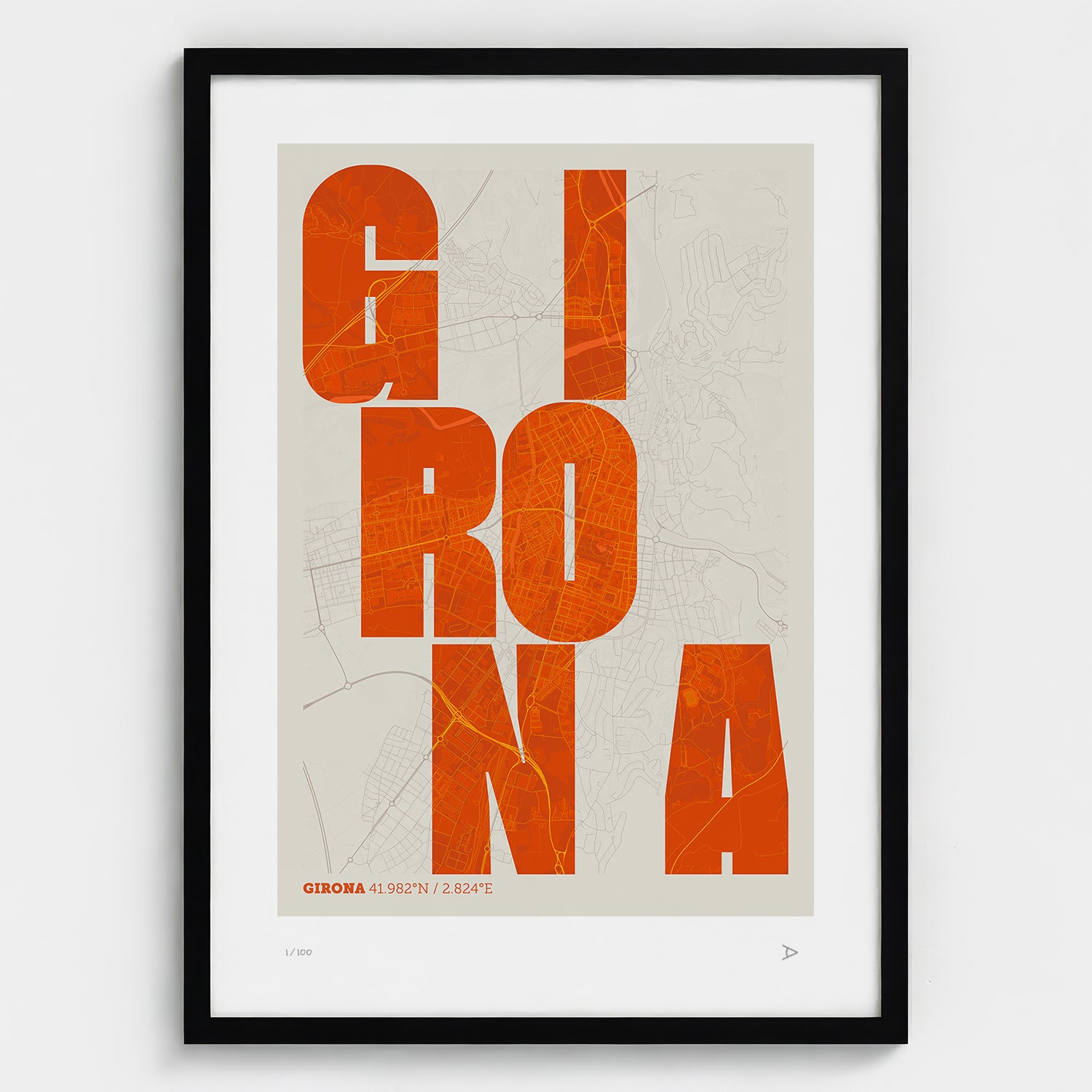 Lámina tipográfica de Girona – diseño Revoltosa, marco negro