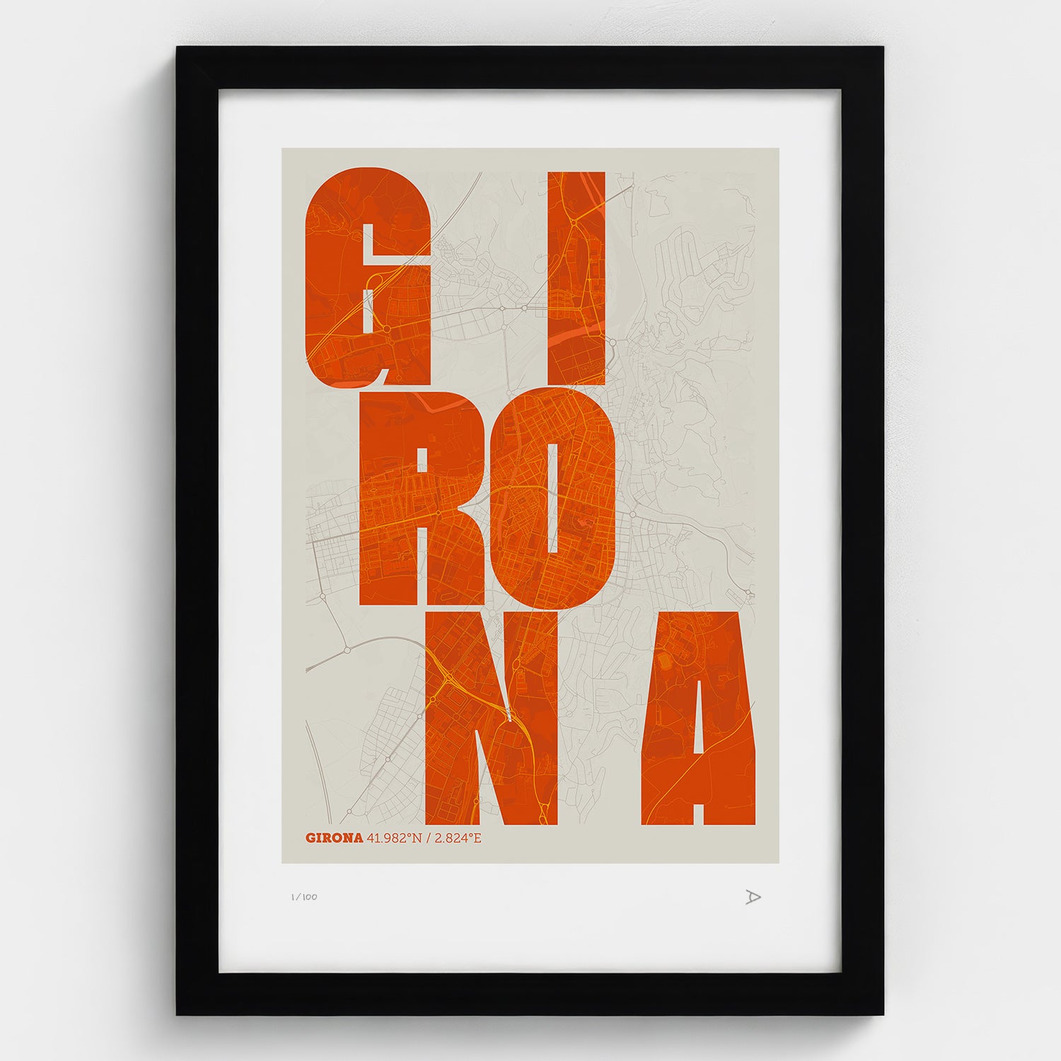 Lámina tipográfica de Girona – diseño Revoltosa, marco negro