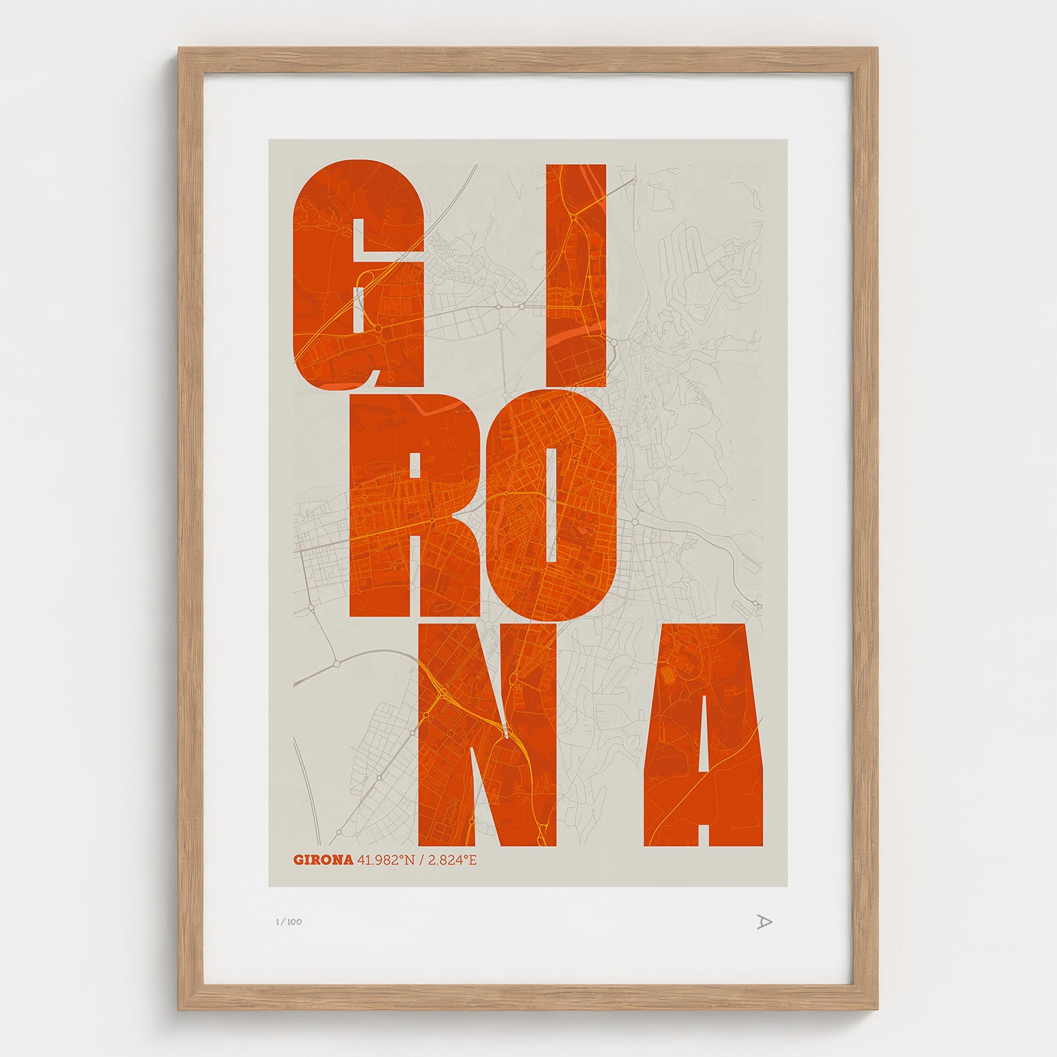 Lámina tipográfica de Girona – diseño Revoltosa, marco de madera natural
