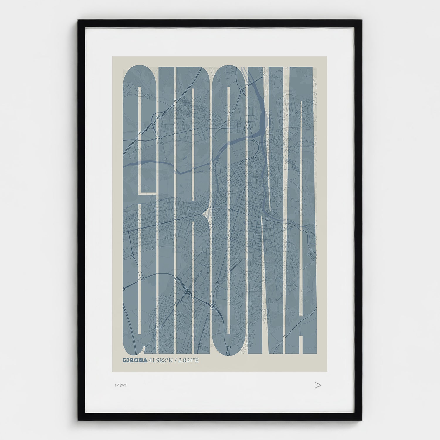 Lámina tipográfica de Girona – diseño Extra Comprimida, marco negro