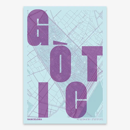 Mapa del Barrio Gótico, Barcelona, en el diseño la Revoltosa, donde las letras del nombre aparecen aleatoriamente en diferentes líneas para un diseño urbano realmente original diseñado en púrpura y azul claro