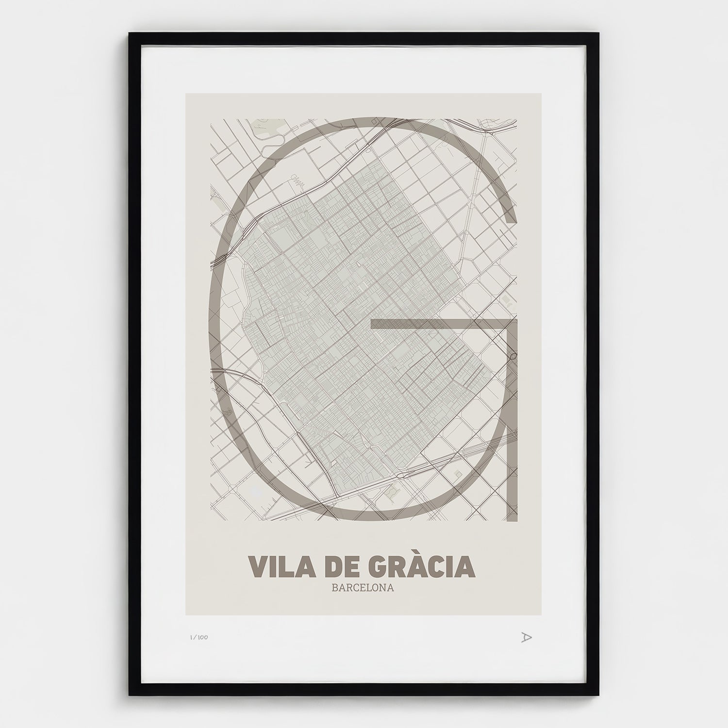 Lámina tipográfica de Gràcia – diseño Ultrafina, marco negro
