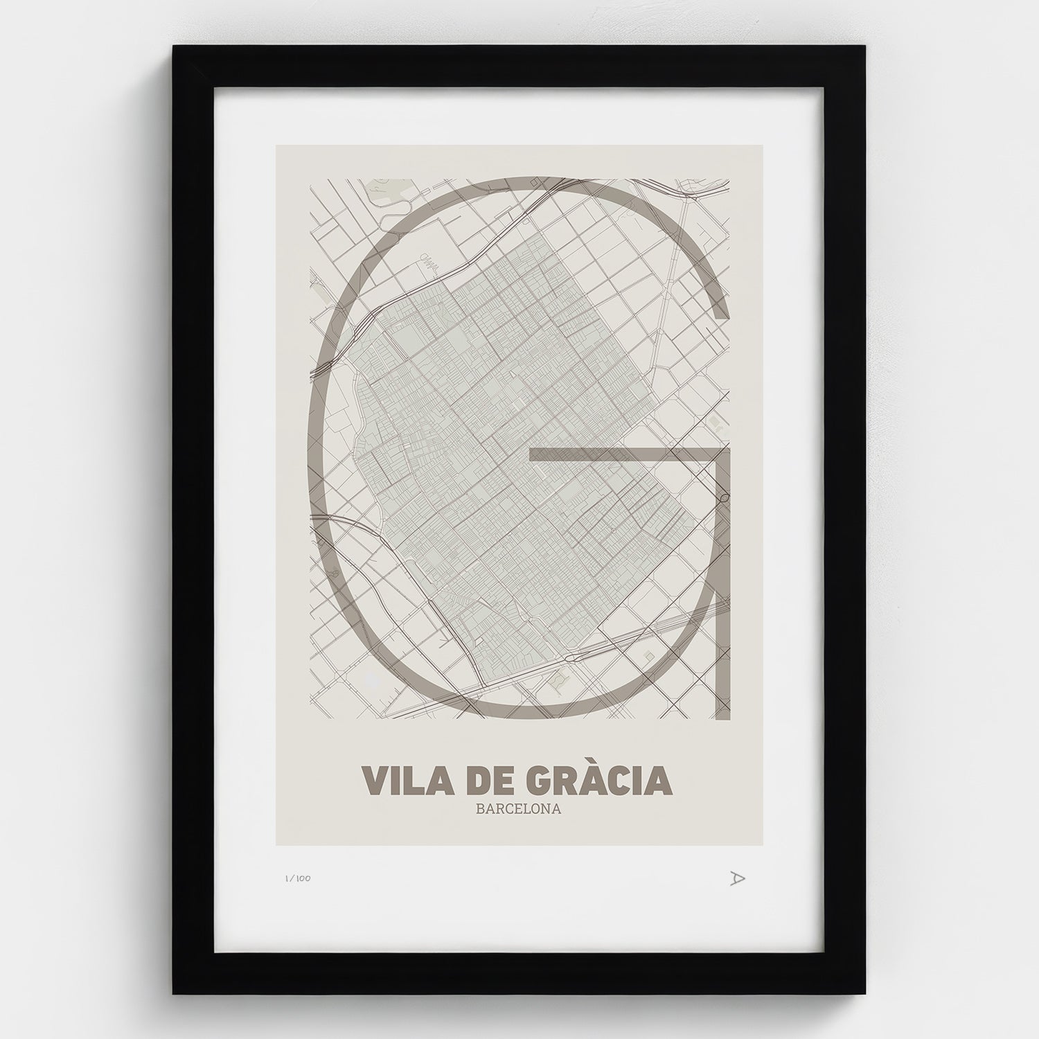Lámina tipográfica de Gràcia – diseño Ultrafina, marco negro