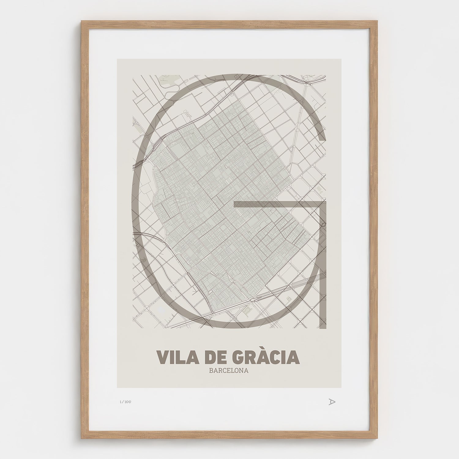 Lámina tipográfica de Gràcia – diseño Ultrafina, marco de madera natural