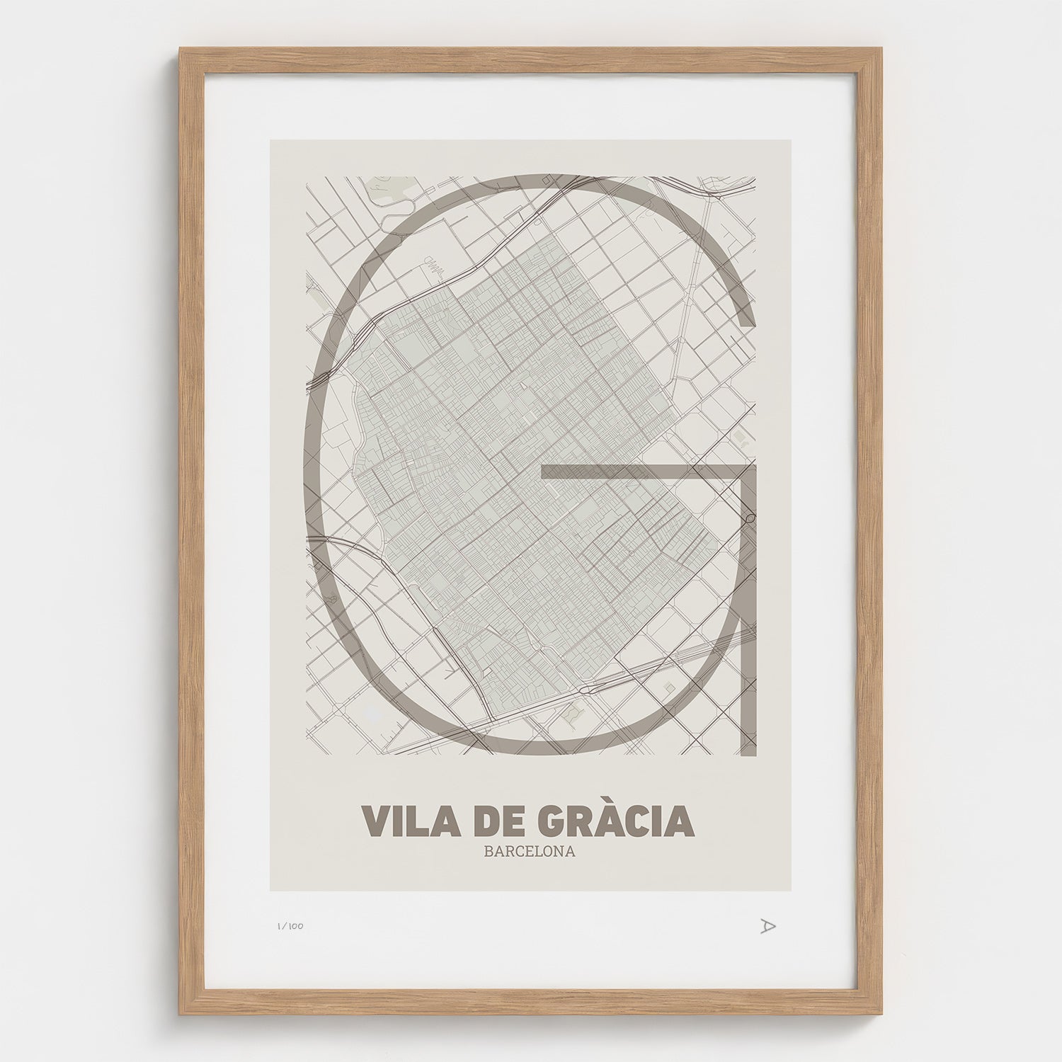 Lámina tipográfica de Gràcia – diseño Ultrafina, marco de madera natural