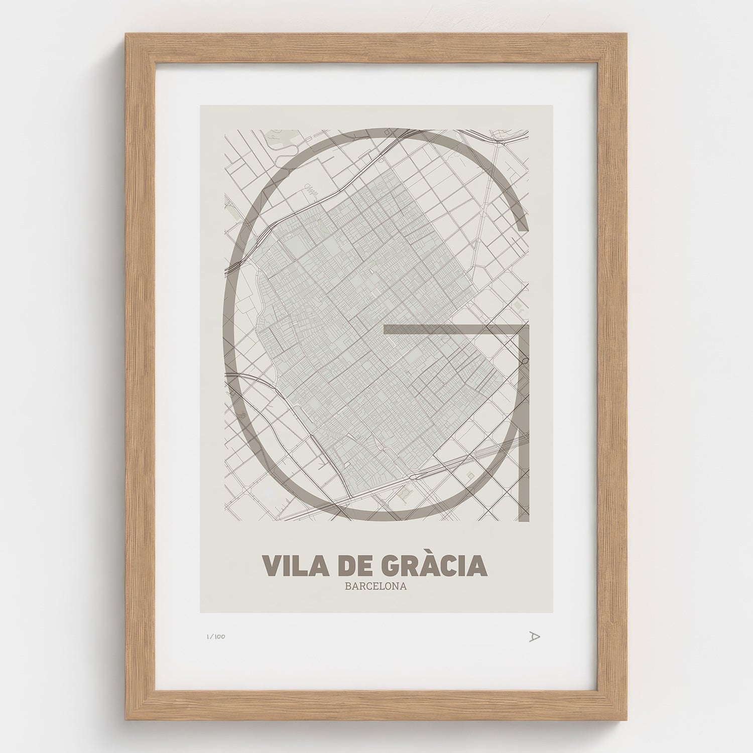 Lámina tipográfica de Gràcia – diseño Ultrafina, marco de madera natural