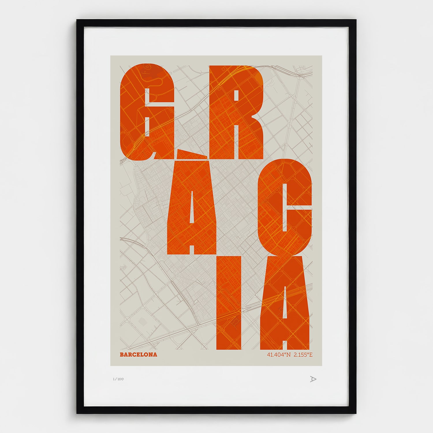 Lámina tipográfica de Gràcia – diseño Revoltosa, marco negro