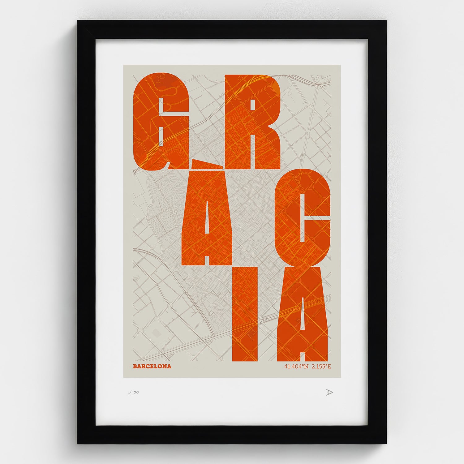 Lámina tipográfica de Gràcia – diseño Revoltosa, marco negro