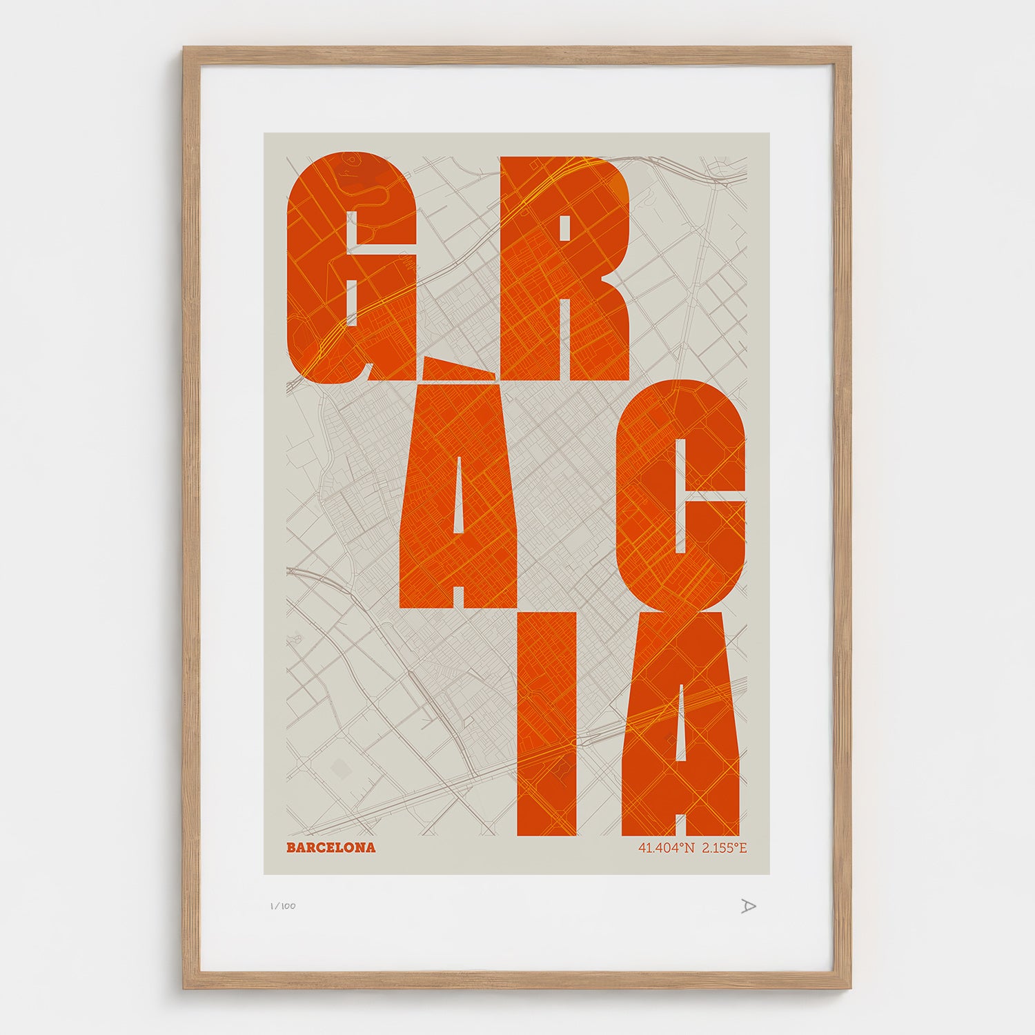 Lámina tipográfica de Gràcia – diseño Revoltosa, marco de madera natural