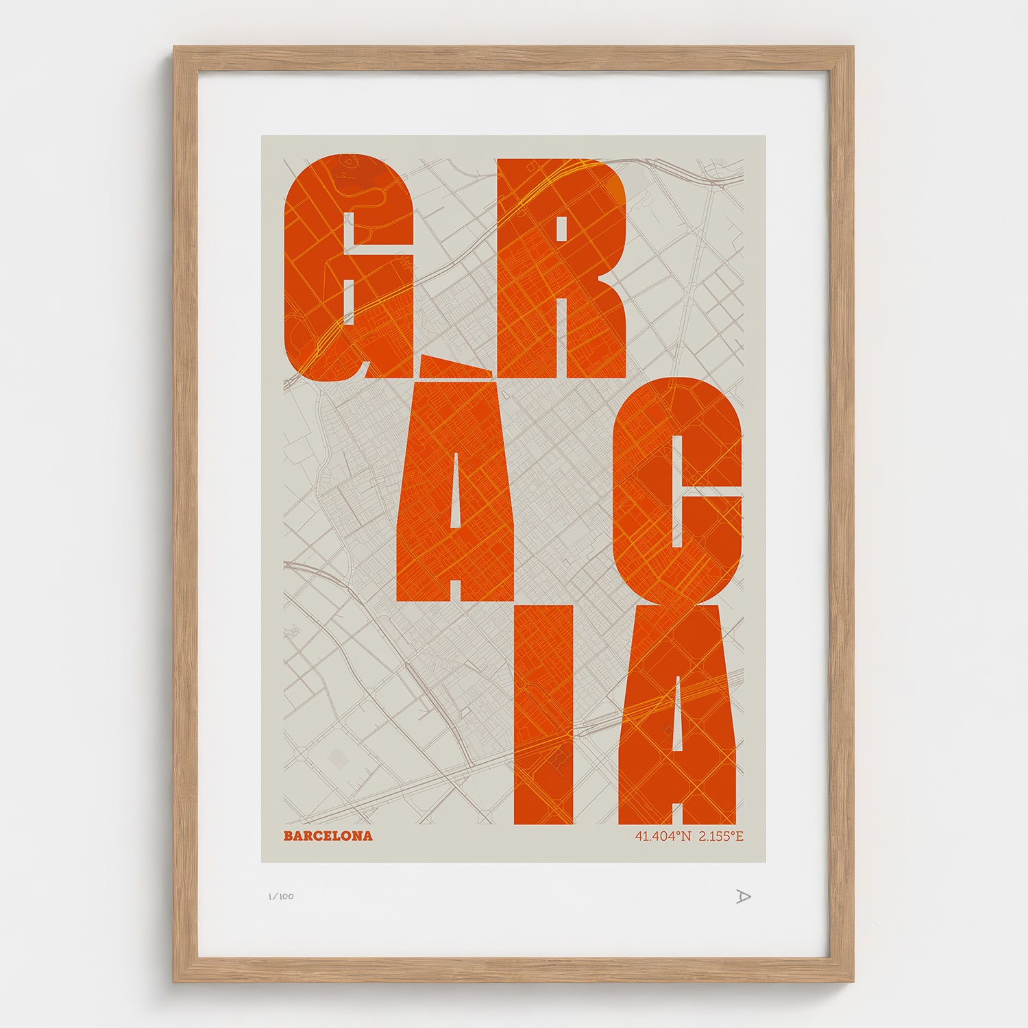 Lámina tipográfica de Gràcia – diseño Revoltosa, marco de madera natural