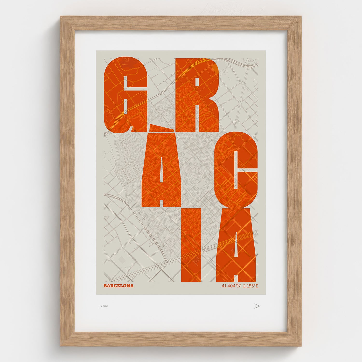 Lámina tipográfica de Gràcia – diseño Revoltosa, marco de madera natural