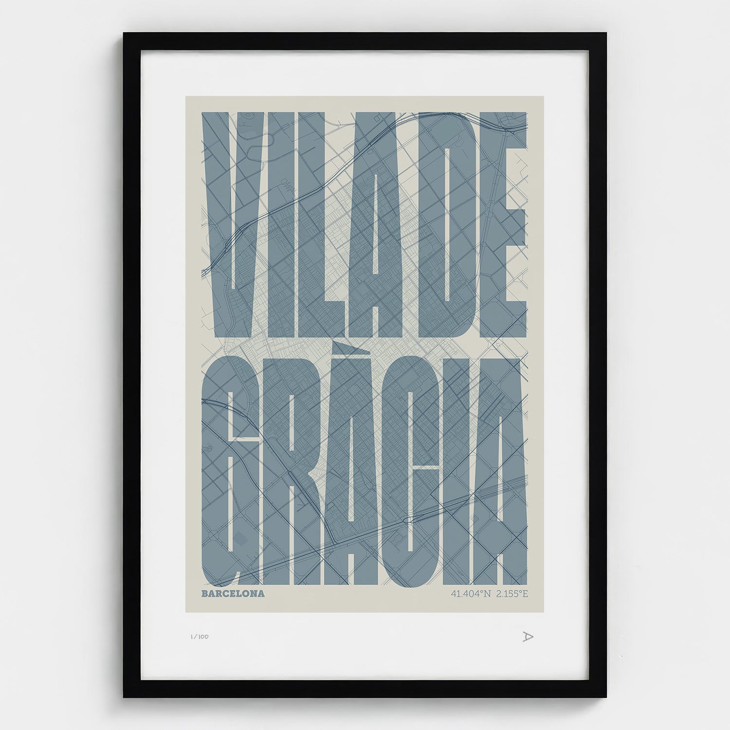 Lámina tipográfica de Gràcia – diseño Extra Comprimida, marco negro