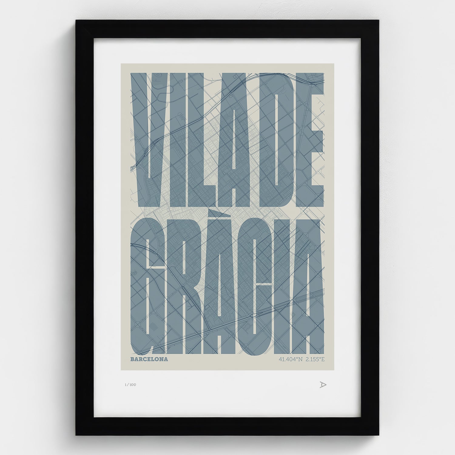 Lámina tipográfica de Gràcia – diseño Extra Comprimida, marco negro