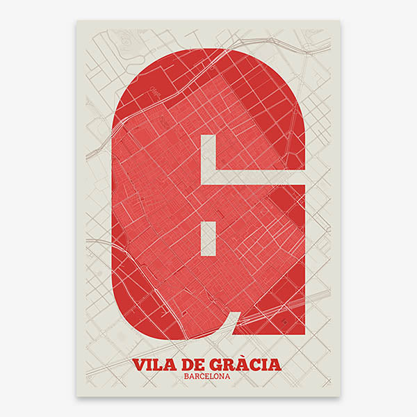 Decorative print of Barcelona composed with letters in a heavy geometric font printed on red and an off-white background