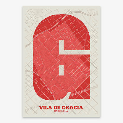 Decorative print of Barcelona composed with letters in a heavy geometric font printed on red and an off-white background