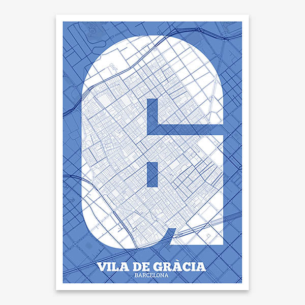 Decorative print of Barcelona composed with letters in a heavy geometric font printed on navy blue and white