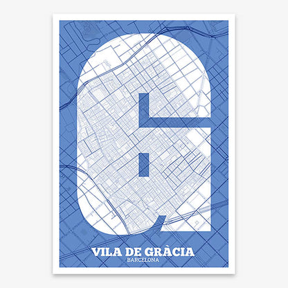 Decorative print of Barcelona composed with letters in a heavy geometric font printed on navy blue and white