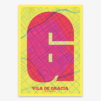 Decorative print of Barcelona composed with letters in a heavy geometric font printed on yellow and fuchsia