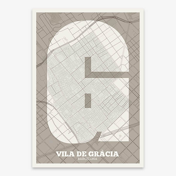 Decorative print of Barcelona composed with letters in a heavy geometric font printed on light brown and an off-white background