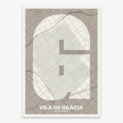Decorative print of Barcelona composed with letters in a heavy geometric font printed on light brown and an off-white background