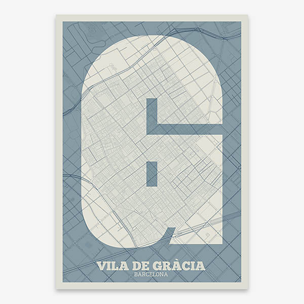 Decorative print of Barcelona composed with letters in a heavy geometric font printed on bluish gray and an off-white background