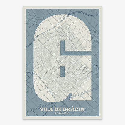 Decorative print of Barcelona composed with letters in a heavy geometric font printed on bluish gray and an off-white background