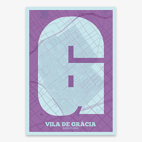 Decorative print of Barcelona composed with letters in a heavy geometric font printed on purple and light blue