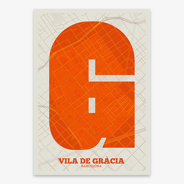 Decorative print of Barcelona composed with letters in a heavy geometric font printed on orange and an off-white background